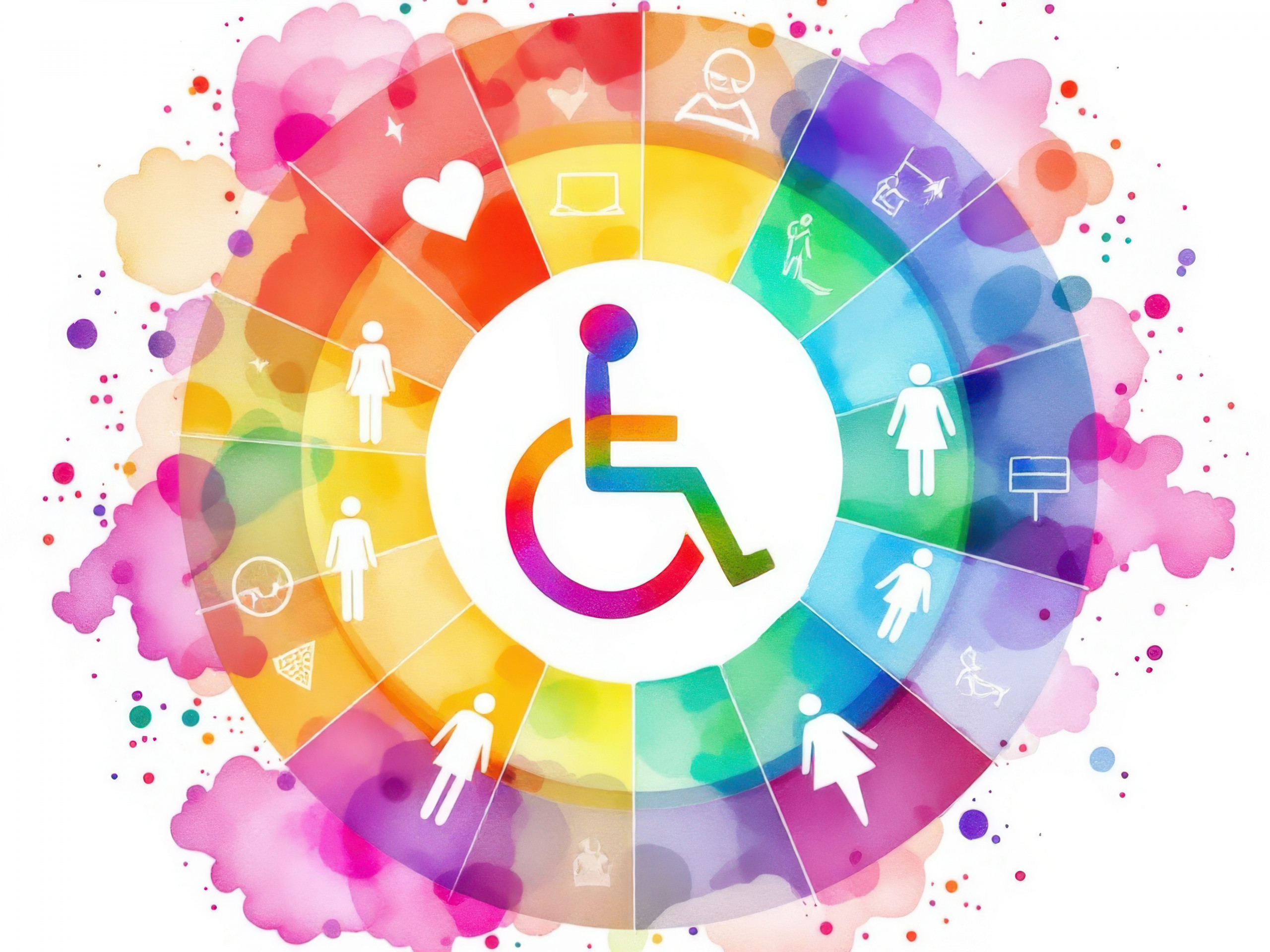 Colorful accessibility symbols with diverse gender and needs representation