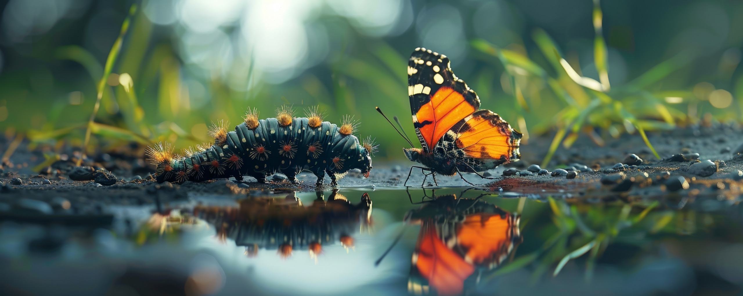 Embracing change A caterpillar looking at its reflection in a puddle seeing a butterfly symbolizing selftransformation and growth